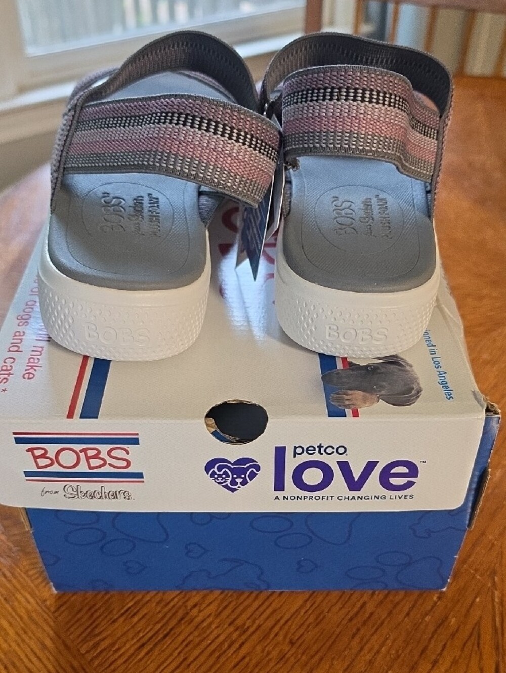 Bobs By SKECHERS Women's Gray Sandals with Pink Straps - Picture 3 of 5